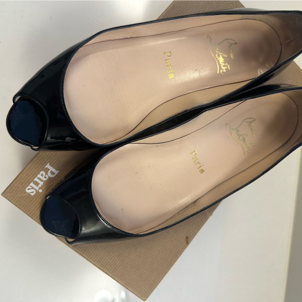 Christian Louboutin peep toe black paten flat